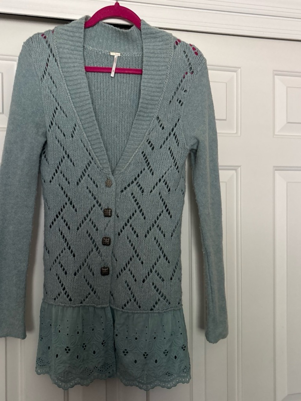 Free People Turquoise Openwork Knit Cardigan with Eyelet Hem